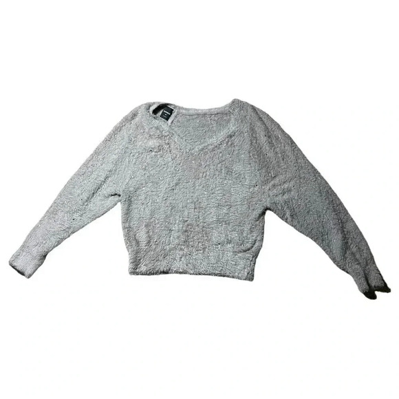 Express Womens Fuzzy Gray Oversized Sweater Soft Rhinestones V Neck Size XS - Picture 3 of 9